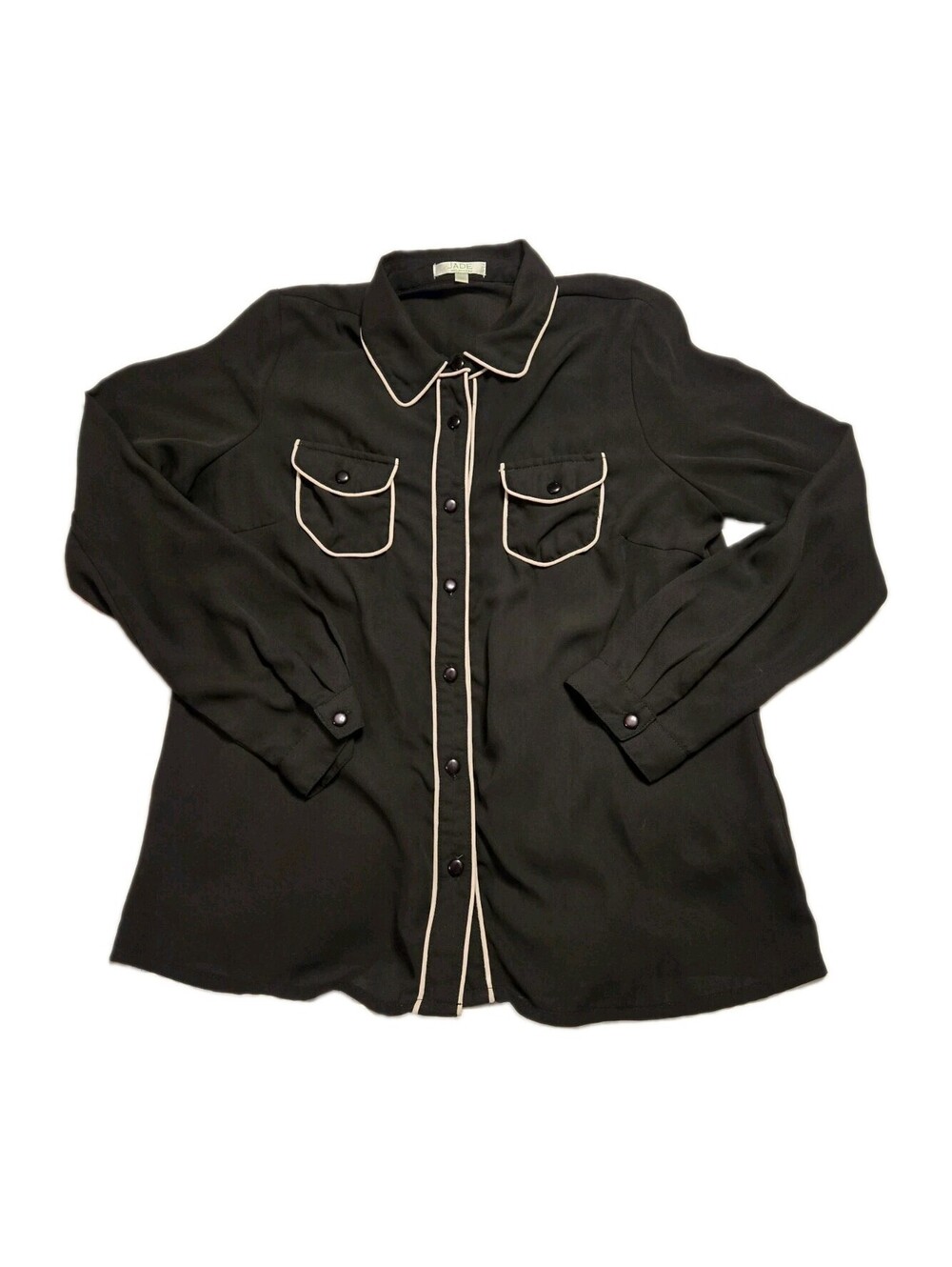 Jade Melody Tam Black Contrast Piping Button Down Blouse Shirt Pockets Size M